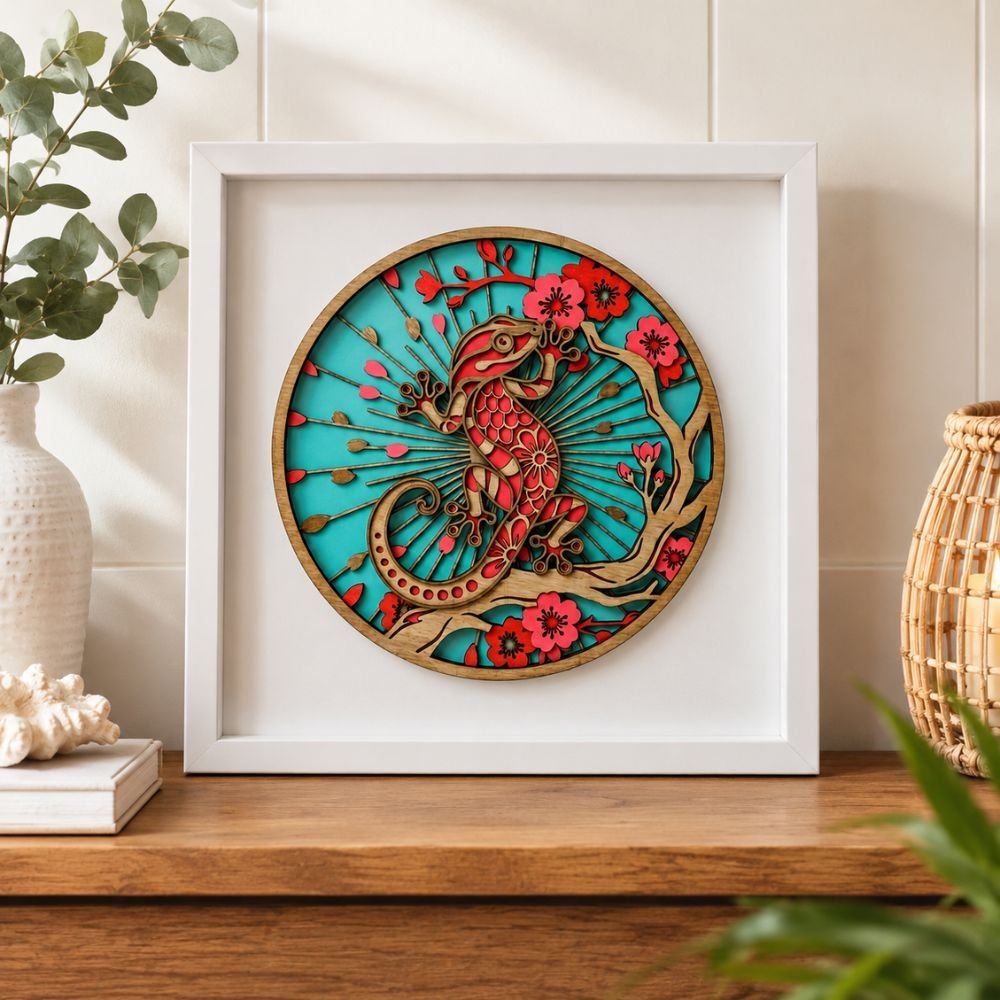 Gecko wall art in a white frame on a timber console with plants
