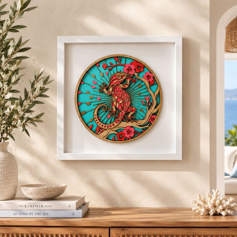Framed wooden gecko wall art on a sideboard next to a vase and books