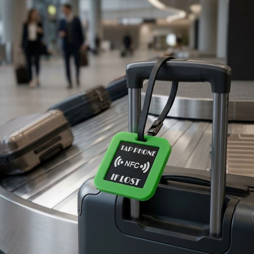 Green FLYTAG on a suitcase at an airport baggage carousel