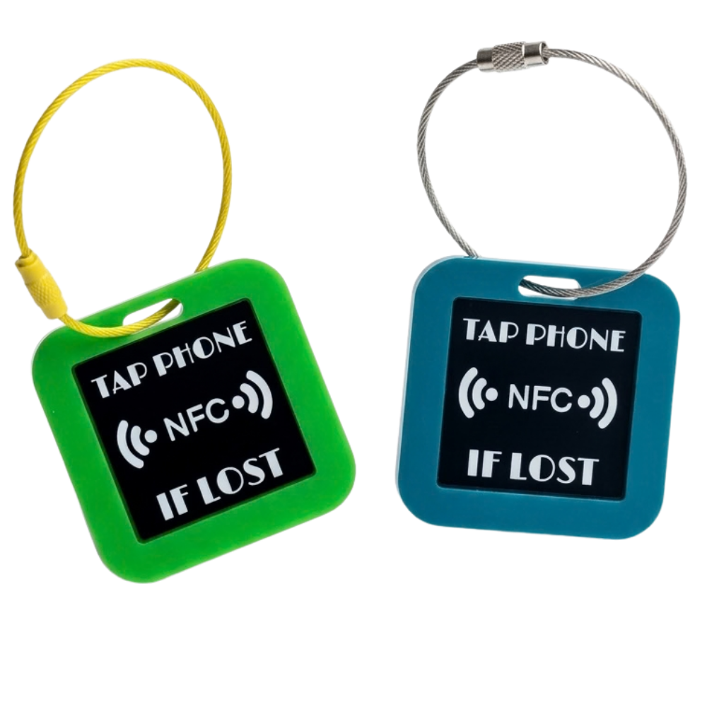 Green and blue FLYTAG NFC luggage tags with Tap phone if lost text