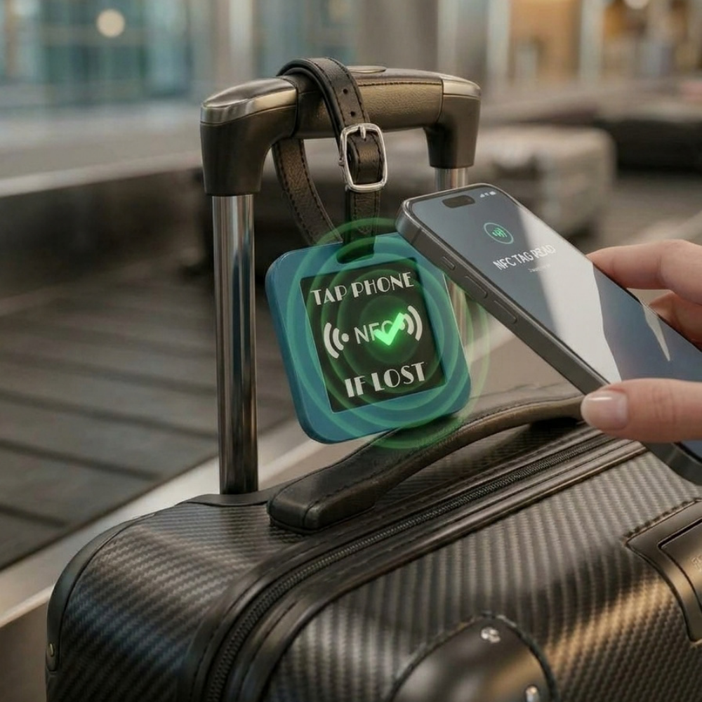 Phone tapping a FLYTAG NFC tag on a suitcase handle